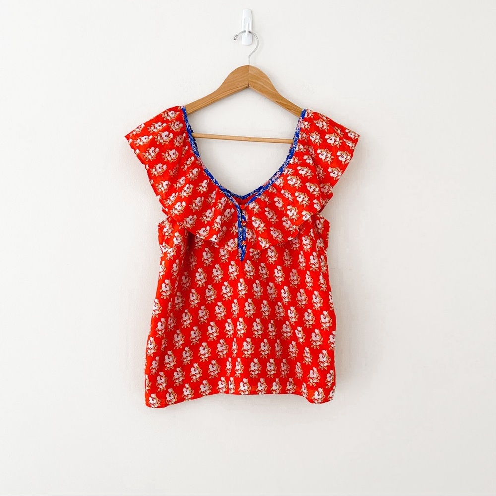 J Crew Orange Classic Block Floral Print Ruffle V Neck Top